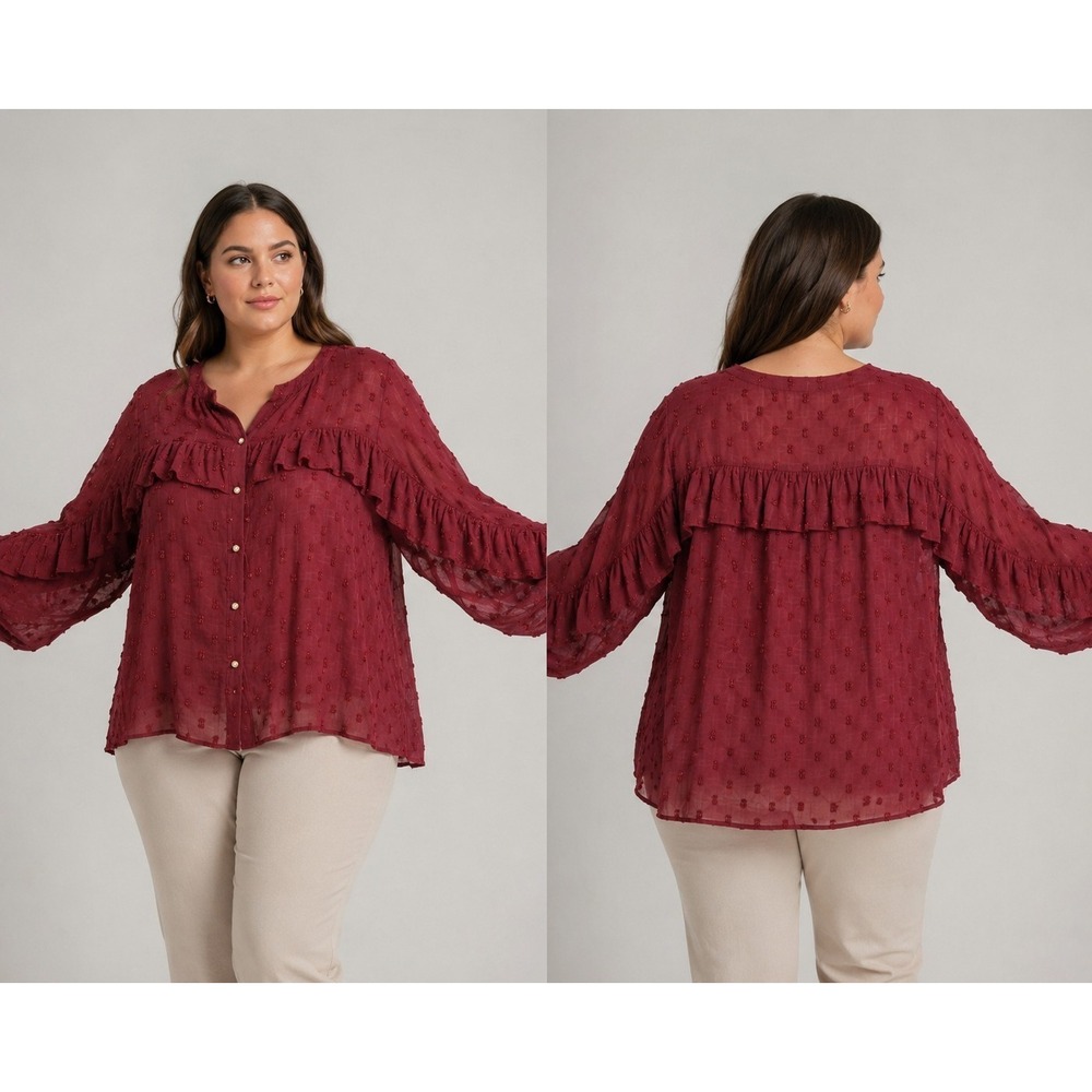 Alice Blue Women's 1XL‎ Burgundy Swiss Dot Ruffle Sheer Blouse Long Sleeve